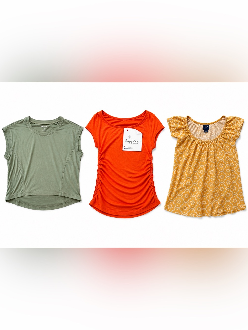 Y2K Summer Bundle sage crop + NWT orange ruched top + mustard boho medium mix